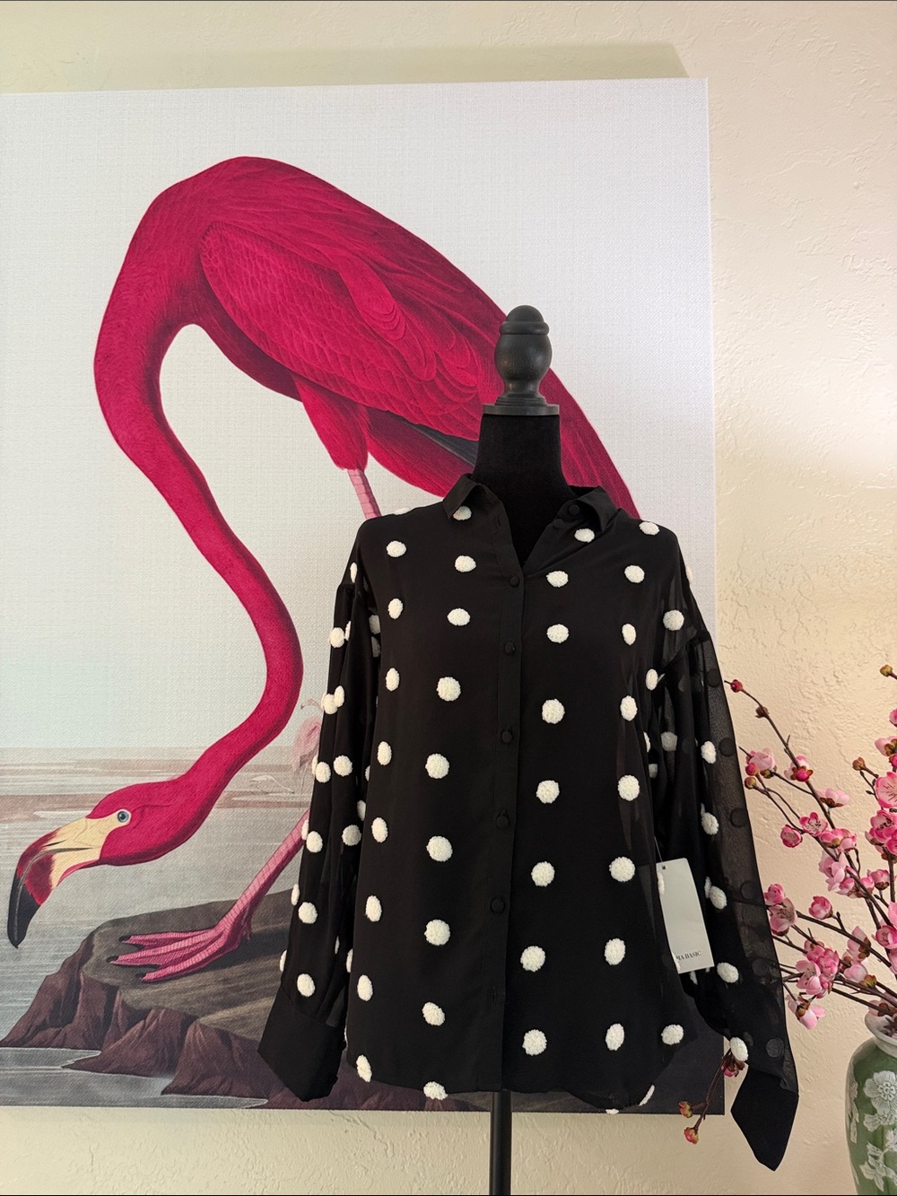 Zara Black Blouse with White Polka Dots